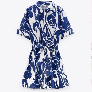NWT Zara floral print electric blue button-up shirt dress size L